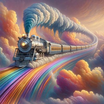 Primary subject: A train traveling through a rainbow-colored sky.

Setting/background: The sky is filled with colorful clouds, creating a vibrant and lively atmosphere.

Visual style: The image is a digital art piece, featuring a train and a sky filled with colorful clouds.

Colors and mood: The dominant colors are the rainbow hues, which create a cheerful and uplifting mood.